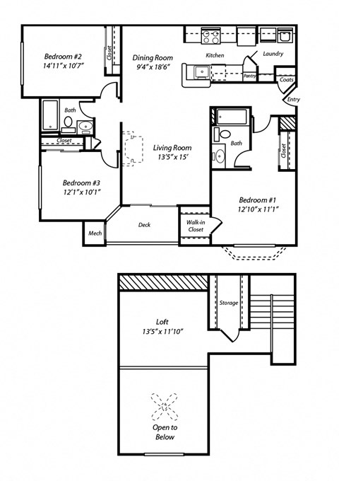 Floor plan for 3 beds, 2 baths, 1463 sqft